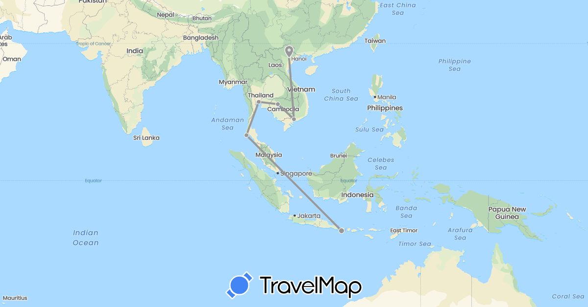 TravelMap itinerary: driving, plane in Indonesia, Cambodia, Thailand, Vietnam (Asia)